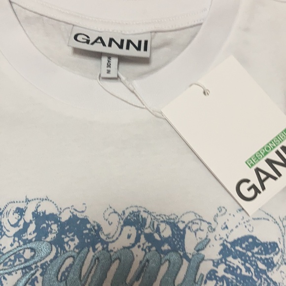Ganni White T-Shirt With Blue Graphic size Medium - Picture 3 of 5